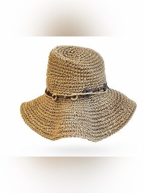 Scala Women's Brown Floppy Wide Brim Straw Hat Beaded Boho Sun Protection